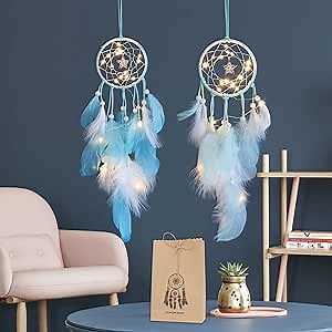 Topretty 2Pcs Feather Dream Catchers, Wall Hanging Dream Catcher with LED Light and Star, Colorful Handmade Dreamcatchers for Wall, Bedroom, Home Decor, Art Craft Gift for Kids, Girls-Blue&Green