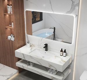 [Hot Item] Hotel Single Sink White Luxury Wall Mount Floating Marble Cabinet Bathroom Vanity