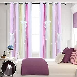 OKYUK Blackout Curtains for Girls Bedroom Window Curtains 96 Inch Long 2 Panels Hollow-Out Stars Dream Curtains Double Layer with Lace and Bow Pink Yellow Curtains for Kids Girls Room Decor