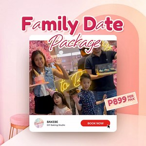 Spend quality time with your kids at Bakebe!! Bake cakes, take pictures and create core memories!! Avail our ✨FAMILY DATE PACKAGE✨ ~ for as low as P899/pax (min 4 pax to book) 🎂💕 👨‍👩‍👧‍👦Guest can choose any cake to bake except Velvet Rainbow 👨‍👩‍👧‍👦2 pax per Baking Project 👨‍👩‍👧‍👦Minimum of 4 pax to avail the package (or 2 Baking Projects) 👨‍👩‍👧‍👦Applicable for Online Bookings and Walk-ins 👨‍👩‍👧‍👦Applicable on weekdays and weekends, except Holidays -Promo Duration: August 1