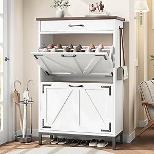 Farmhouse Narrow Shoe Rack Cabinet - Slim Free Standing Shoe Organizer with 2 Flip Drawers for Entryway, Foyer, Hallway, White