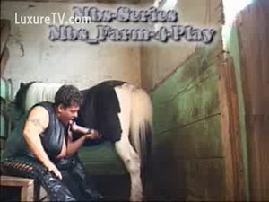 Horny slut sucks the hard cock of her miniature pony