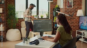 Female developer working on IT software program to create web database with html script and code. Programming artificial intelligence on terminal window, doing remote job from home.