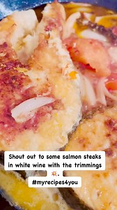 It’s simmering in white wine! Wild salmon steaks are the most delicious paired with shallots, thyme, butter, tomatoes and garlic!!!殺@Albertar2018 on Instagram for more tips  IG. #myrecipes4you ♥️#toronto | Alberta R's - Cooking Channel | Facebook
