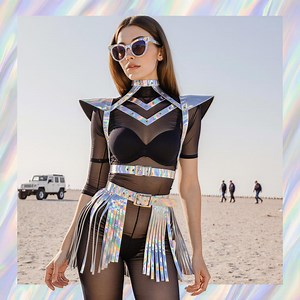 Holographic Rave Costume Set Top & Skirt, Iridescent Party Wear, Leather Fringe Outfit for Women, Festival Harness, Burning Man Clothing - Etsy