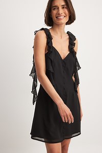 Ruffle Shoulder Chiffon Mini Dress Black