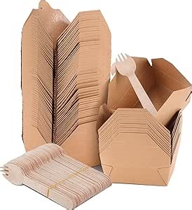 Mifoci 50 Pack To Go Containers Food Take out Boxes with Wooden Fork 36.5 oz Kraft Brown Microwaveable Grease Resistant Take out Breakfast Box for Food Restaurant, Catering, Party