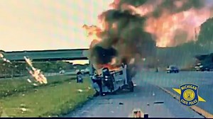 NEW: Dashcam video from a Michigan State Police trooper’s vehicle show the trooper rushing to save an unconscious driver from a burning pickup truck Tuesday morning along eastbound I-94: https://bit.ly/30qAI4U | WDIV Local 4 / ClickOnDetroit