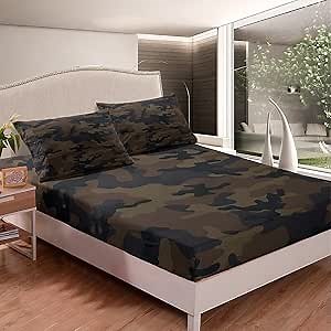 Kids Boys Camo Bed Sheet Set Army Camouflage Bedding Sheets for Girls Teens Youth Man Navy Blue Decor Bedding Fitted Sheet Black Dark Brown Bed Cover Bedroom Collection 3Pcs Full Size