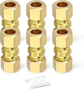 6PCS 1/2" x 1/2" Tube OD Coupler, Brass Compression Tube Pipe Fitting Connector for Air/Fuel/Water/Gas/Oil