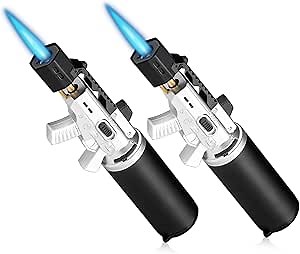 mollie Mini Butane Torch Lighter with Adjustable Flame, Small Refillable Kitchen Cooking Blow Torch for Creme Brulee, Windproof Baking Torch with Safety Lock, Silver 2-Pack (Butane Gas Not Included)
