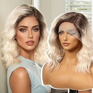 Blonde Human Hair Wigs,13X5X1 Glueless Curly Bob Lace Front Wig for White Women,Fiber & Remy Human Hair Blend for Daily Use 12IN