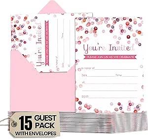 Pink Confetti Invitations with Envelopes (15 Pack) Invites for Girls Birthday, Baby Shower, Teens, Kids, Graduation, Blank Invitation for Parties - Watercolor Dot Theme – Printed 4x6 Card Set