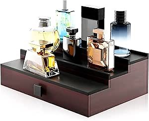 HOTCAN Wooden Cologne Organizer for Men – 3-Tier Perfume Stand with Drawer and Hidden Compartment, Perfect for Storing Colognes and Accessories
