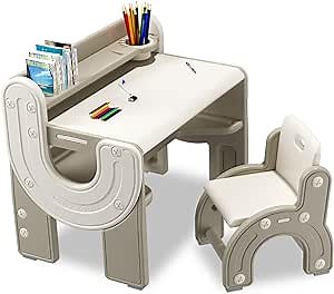 Kids Drawing Table and Chair Set with Erasable Tabletop & Watercolor Pens Toddler Furniture with Storage Shelf for Art, Reading & Play for Boys & Girls, Brown