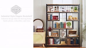 IRONCK Bookshelf and Bookcase 6-Tier 55in Large Etagere, Industrial Open Display Shelves with Sturdy Metal Frame, Vintage Brown