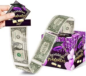 Sirjiera Graduation Surprise Money Box - Cash Gift Pull, Fun Party Decorations, Black and Purple, with 35PCS Plastic Bags