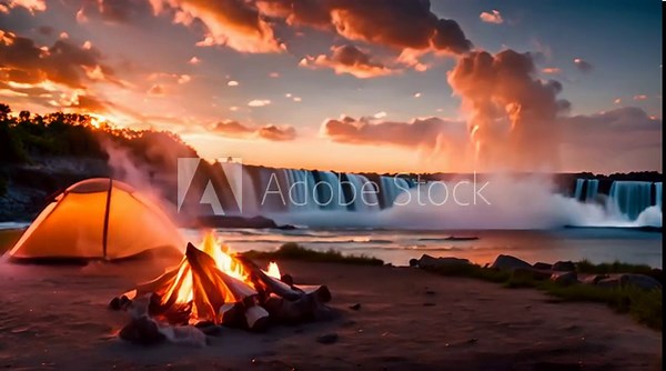 Beautiful glowing bonfire on the beach. Sunset with open fire, fire and logs. with camping tents on the beach. View of a calm lake with a waterfall