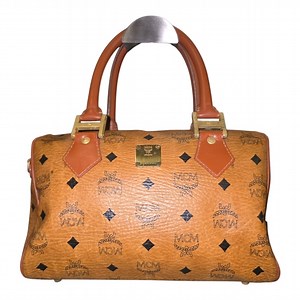 MCM Vintage Monogram Logo Visetos Boston Bag Tan Leather PVC Handbag, WI…