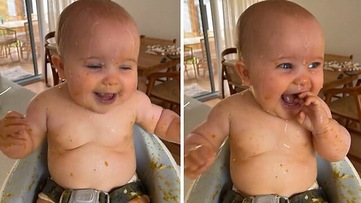 Andie gets some water poured on the head after making a gigantic mess with the food ❤ | Rumble Babies & Kids