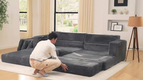 112.6” Modular Sectional Sofa, Convertible Sleeper Sofa Bed with L-Shaped Chaise, Cloud Couch with Deep Seat, Upholstered Couches for Living Room, Corduroy (Beige, Left Facing Chaise)