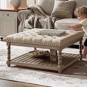 HULALA HOME Upholstered Rectangular Ottoman Coffee Table with Spindle Wooden Legs, Tufted Living Room Ottoman with Solid Wood Storage Shelf, Linen