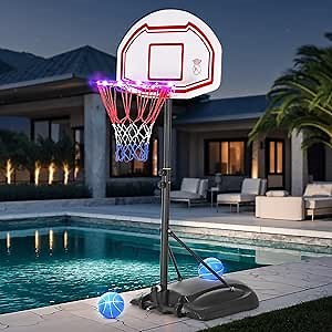 Pool Basketball Hoop with LED Lights, Adjustable Poolside Basketball Hoop with Wheels, Ideal for Poolside Fun & Nighttime Play