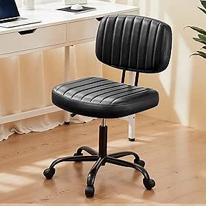 Simple Deluxe Small Office Chair, Armless Desk Chair with Wheels, PU Leather Computer Task with Lumbar Support, Comfy Vantiy Stool 360° Swivel Rolling Chair for Small Space, Bedroom, Home, Black
