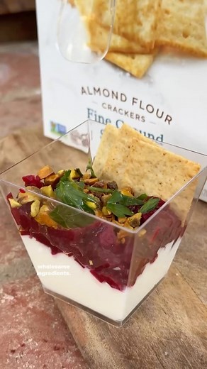 SHARING better Holiday Party Snack Ideas 🎄✨ Whipped feta & beet mini parfaits ✨ A five minute no cook holiday appetizer sure to wow your guests 🤩 Ingredients: 4 blocks feta cheese 4 boxes of precooked beets 2 lemons (juiced) 1 cup chopped roasted pistachios Chopped parsley Extra virgin olive oil @simplemills almond flour crackers Instructions: To a blender of a food processor add in feta cheese, 1/4 cup olive oil, lemon juice and blend until smooth and set aside. Chop beets finely and set asid