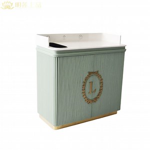 [Hot Item] Customized Restaurant Reception Cabinet Counter Table Desk with Rabish Can and Casters