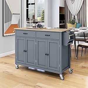 54.3" W Movable Kitchen Island Cart with Storage - Rolling Kitchen Island with Solid Wood Top, Cabinet, Drawers and Rack - Portable Kitchen Storage Cart with Locking Wheels for Dining Room