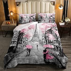 Erosebridal Pink Cherry Blossoms Comforter Set for Adult Women Couple Romantic Theme Bedding Set Eiffel Tower Down Comforter Paris Famous Cityscapes Quilted Duvet with 2 Pillowcases, Queen Size