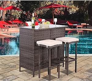 Polar Aurora 3PCS Patio Bar Set with Stools and Glass Top Table Patio Wicker Outdoor Furniture with Beige Removable Cushions for Backyards, Porches, Gardens or Poolside