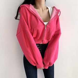 [Hot Item] Custom Design Full Zip Short Hoodies 100% Cotton Drop Shoulder Women's Hoodie