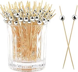 200PCS Cocktail Picks Toothpicks for Appetizers Charcuterie Accessories Cocktail Picks for Drinks Bamboo Toothpicks Cocktail Toothpicks Silver Pearl Toothpicks for Food Fruit Long Toothpicks 4.7Inch