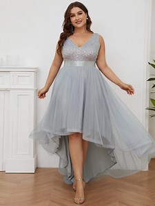 pretty CALLIE|Plus Size Sequin V-Neck Sleeveless High Low Evening Dress