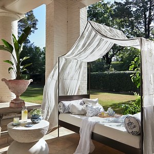 VERANDA Magazine on Instagram: "Sheer romance. ✨ Like sun-dappled foliage, flowering branches embroidered on diaphanous linen offer a dreamy canopy for midday repose (here, draping a French Provincial–style daybed by @doormandesigns). The bed hanging features fabrics from Raoul Textile (@raoultextiles) and Élitis (@elitisfrance). — Photography by Becky Luigart-Stayner (@sunnyhousestudio) Produced by Sara Clark (@saraellisclark)"