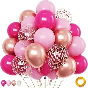 Pink Balloons, 60 Pcs Hot Pink Balloons Set with Rose Gold Confetti Metallic Rose Gold Balloons, 12 Inch Magenta Fuchsia Pink Baby Pink Balloons for Bridal Shower Wedding Girls Birthday Party