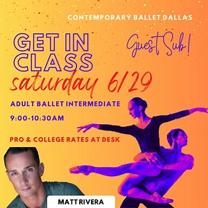 Matt Rivera is subbing Adult Intermediate Ballet this Saturday! On Saturdays, WE BALLET--Three different levels to choose! #adultballet #balletforall #getinclass #contemporaryballetdallas #dallastx #weballet #balletdallas | Contemporary Ballet Dallas