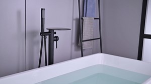 Matte Black Freestanding Bathtub Faucet Round Flat Spout Waterfall Filler Floor Mount Brass Bathroom Tub Faucets Free Standing Shower Bathtub Mixer Taps, 2 Function Cylinder Handle Handheld