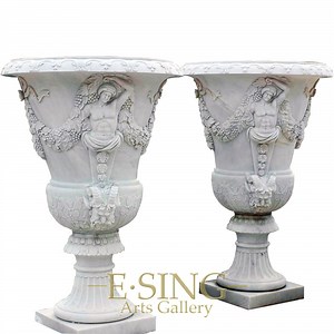 [Hot Item] High Polished Hand-Carved Antique Natural Stone White Flowerpot Stone Planter for Garden Deco