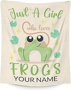 Personalized Frog Blanket Gifts with Name - 60x80 Inches Cute Throw for Girls - Green Soft Fuzzy Blankets for Bed, Couch & Living Room
