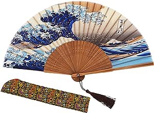 Small Folding Hand Fan – Women Hand Held Fans, Retro Bamboo Silk Fans for Festivals Wedding Dancing Party (Sea Wave)