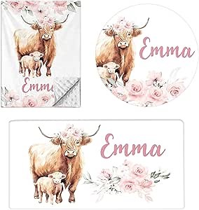 Personalized Crib Bedding Set, 3 Pcs Custom Name Nursery Bedding Set, Highland Cow Baby Bedding Set for Baby Girls, Pink Double Layer Baby Crib Sets, Customized Gifts for Infants Kids Toddlers