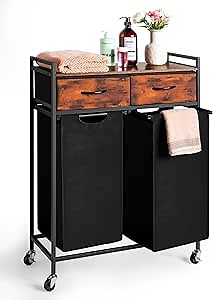 Laundry Basket with 2 Large Drawers - Compartment Laundry Hamper, 2 Removable Sections Laundry Bags Made of Oxford Fabric, Particleboard Shelf and Metal Frame, Oversize