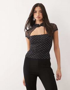 ASOS DESIGN rouleau loop top with cutout in polka dot printed mesh | ASOS