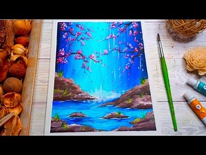 Pictura Usoara pentru Incepatori 🌊Cum Pictez o Cascada si Copaci infloriti