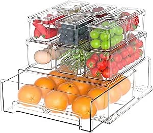 10Pack Fridge Organizer Bins - 3Size Clear Refrigerator Organizers and Storage with Lids and Refrigerator Drawer, Stackable Fruit Storage Containers for Fridge Keep Fruit and Vegetable Fresh