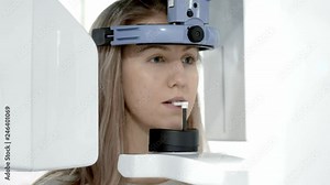 A dental X-Ray scanner making a panoramic radiograph of the jaw of young blonde woman. 素材庫影片