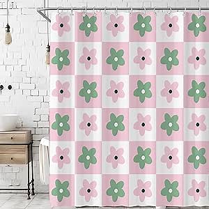 Cute Retro Pink Green Floral Checkered Funky Shower Curtain for Bathroom 72W*72H Inch Abstract Flower 70s Plaid Bathtub Decor Groovy Aesthetic Waterproof Polyester Fabric Set with 12 Hooks